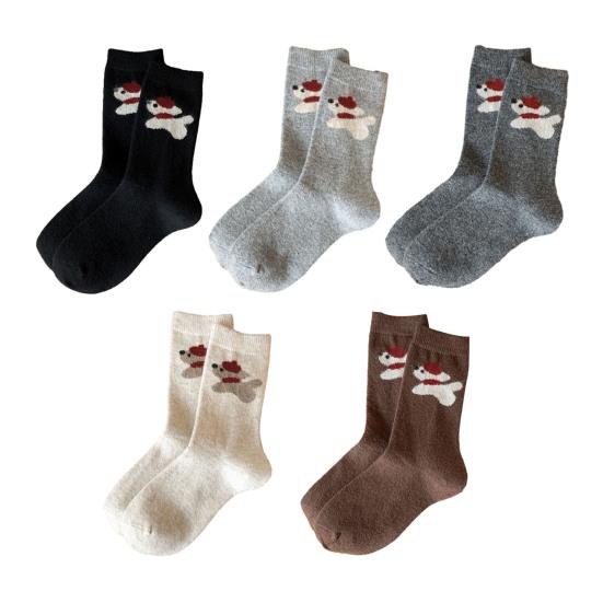 1/5 Pairs Student Socks Cartoon Puppy Design Thickened Fleece Lining Socks Winter Warmth Stretch Fit Socks
