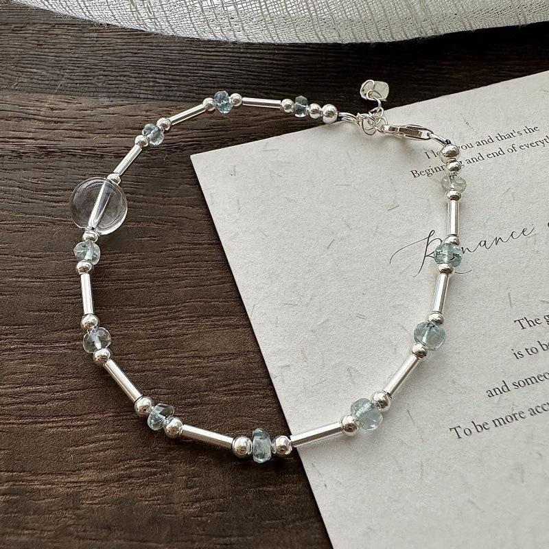 Handmade Korean Design 925 Sterling Silver Sea Blue Crystal Beads Beaded Bracelet for Women