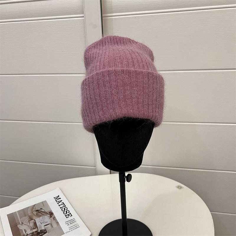 Angora Rabbit Hair Curled Brimless Wool Hat Women Autumn and Winter Warm Striped Fashion Knitted Pullover Cold Hat