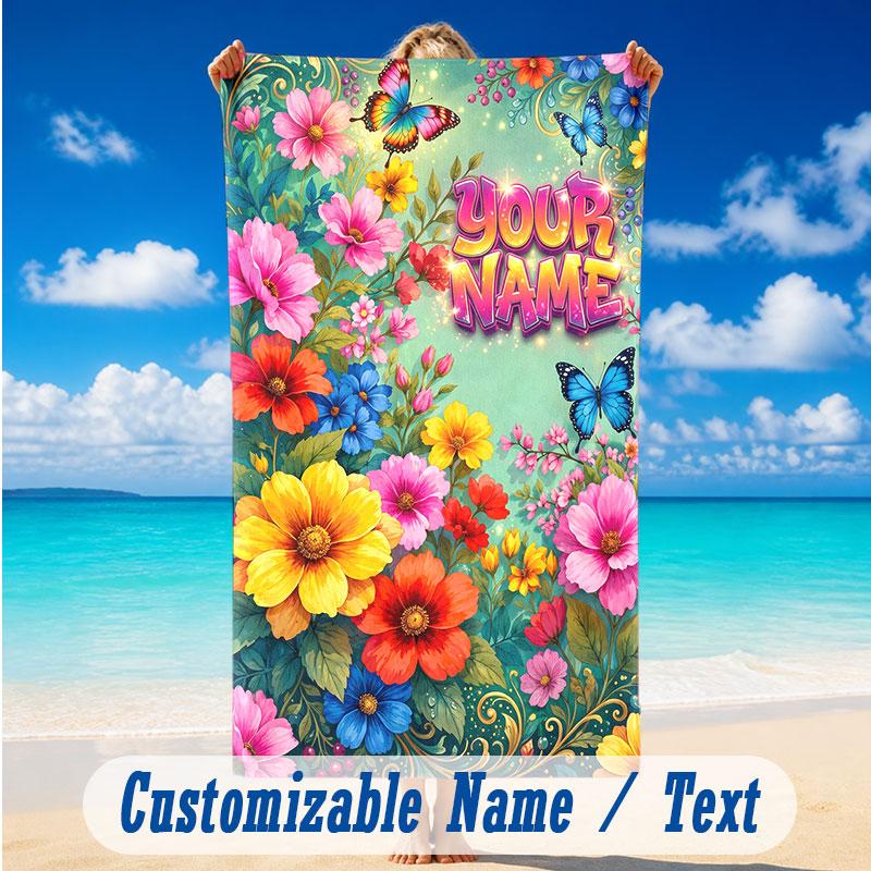 Floral Garden Theme Beach Towel Personalized Custom Name & Text Soft Quick Dry Beach Towel for Swimming Travel