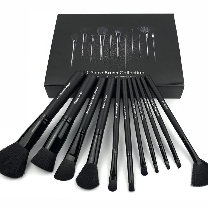 11-Piece Professional Makeup Brush Set with Black Wooden Handles