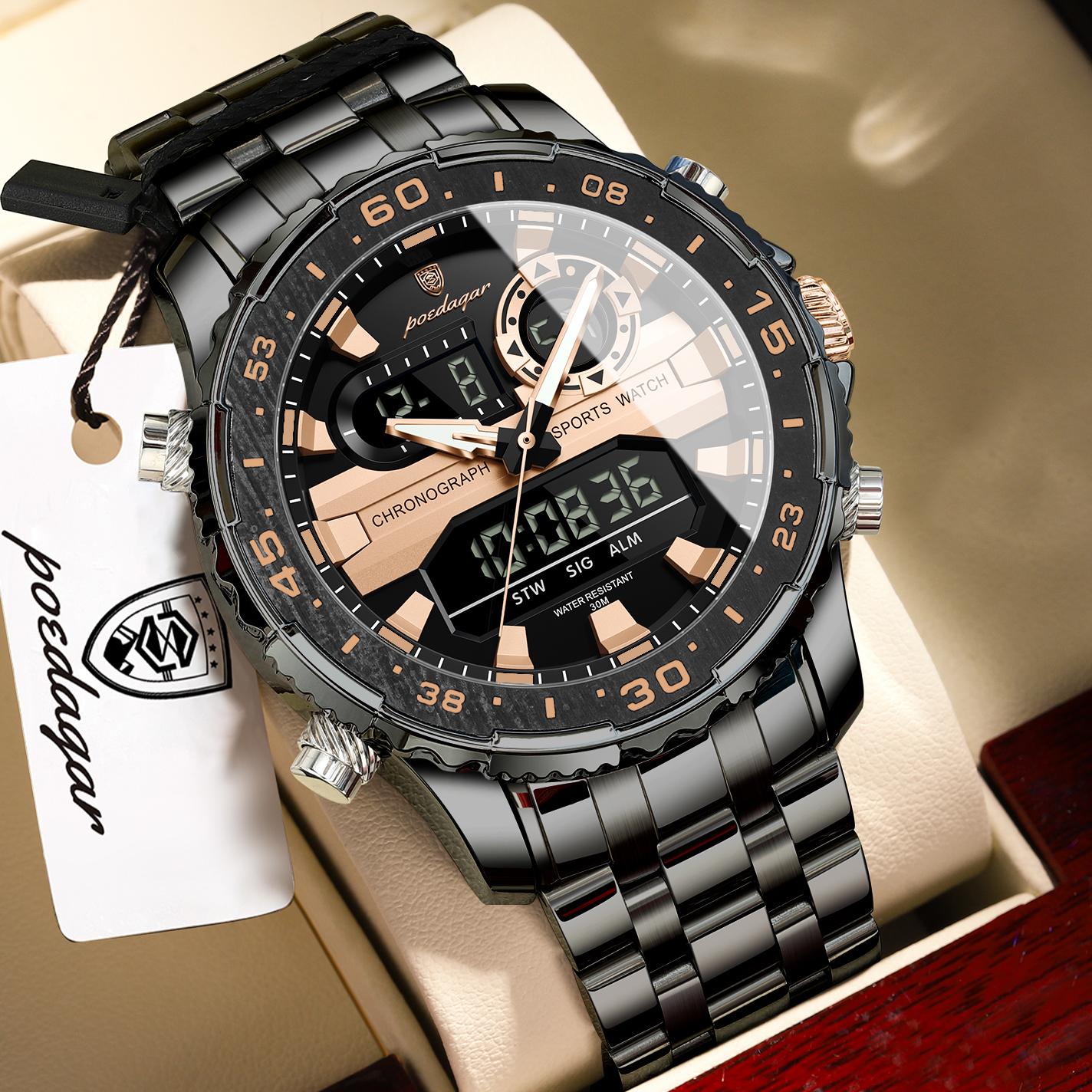 

POEDAGAR Electronic Fashion Man Wristwatch Week Date LED Luminous Men Watch Dual Time Display Digital Quartz Watches рожевий колір золота/чорний