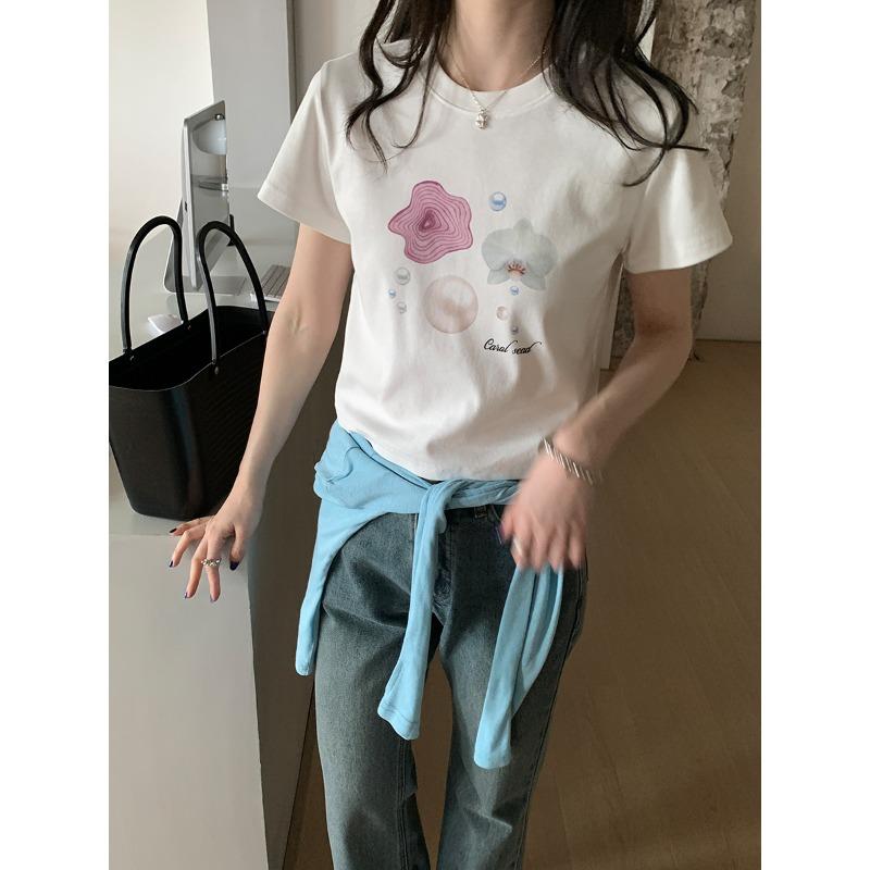 

Белая футболка с короткими рукавами спереди на плече, женская, весна-лето, новый повседневный универсальный принтованный короткий круглый вырез, пуловер L белый