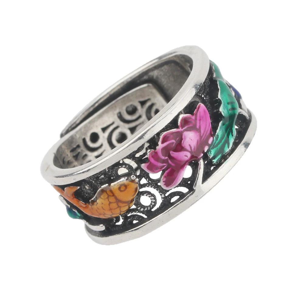 Vintage Ethnic Style Enamel Lotus Flower Koi Adjustable Rings For Women Fashion New Jewelry Gift Party Birthday Anillos