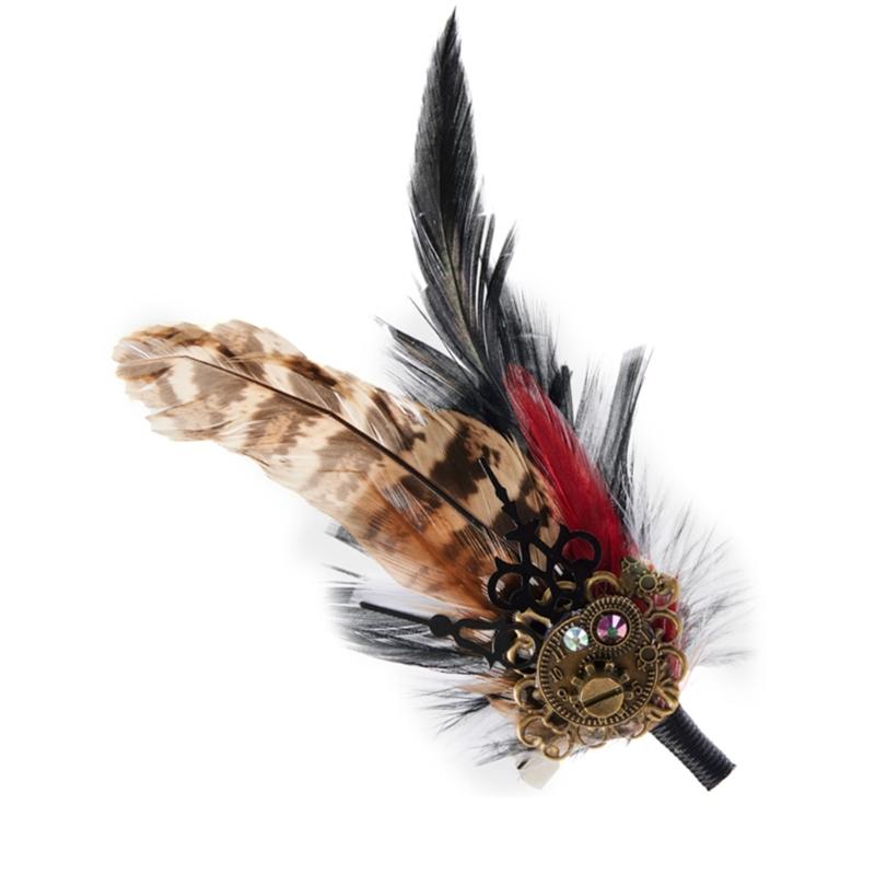 

Vintage Brooch with Gear Steampunk Feather Brooch Pin Multiuse Badges Hairclip Decorative Barrettes PunkStyle Hat Pin 1
