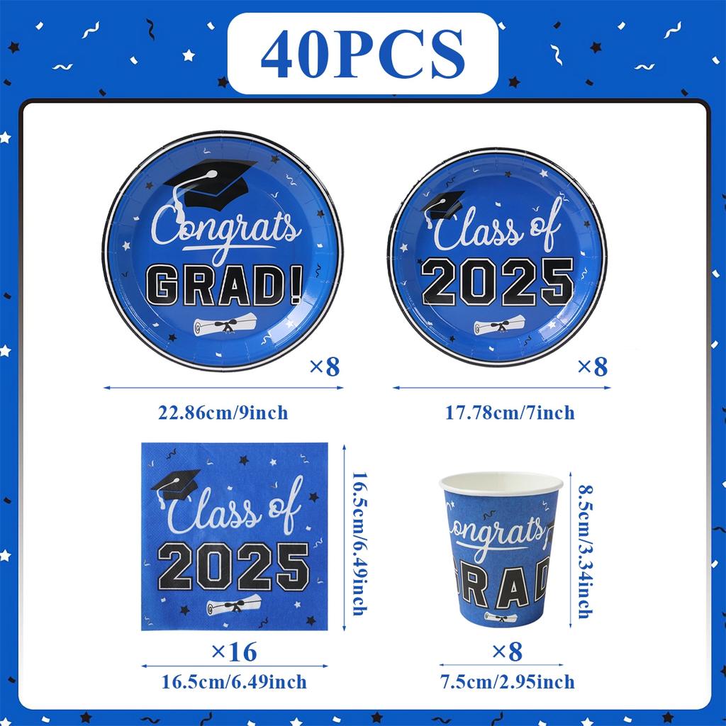 Blue Black Graduation Party Disposable Tableware Set Plate Cup Congrats Grad Class of 2025 Party Decor Graduation Party Supplies