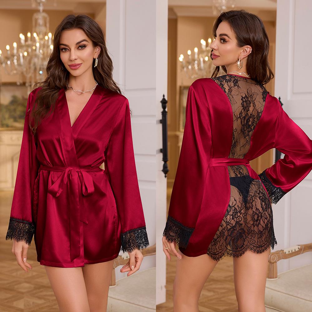 Luxury Midnight Lace Ice Silk Short Robe Pajamas for Women - Summer Homewear WP3540