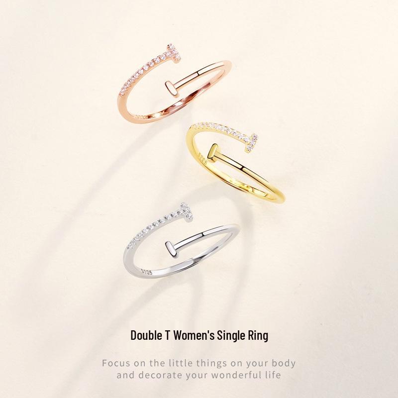 S925 Sterling Silver Double T Open Women's Ring - Korean Style, Minimalist, Luxury Feel, Niche Design.