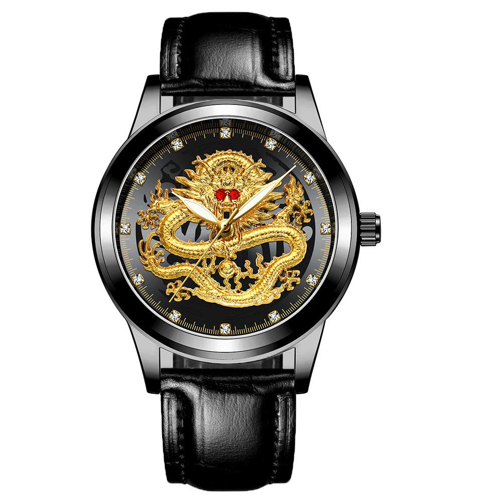 Wasserdichte und leuchtende Tierkreiszeichen-Drachenform Vollautomatische Quarzuhr Mechanische Uhr für Herren Stahlarmband für Herren