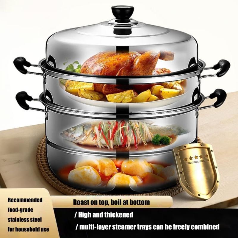 Multi Layer Steamer Steaming Pot Thickened Stainless Steel Construction Cookware with Steam Rack Kitchen Accessories