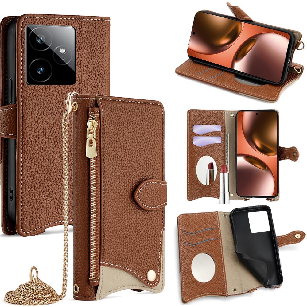 Für Realme GT 7 5G Lederhülle Brieftasche Ständerabdeckung Unregelmäßiger Schwanzstil mit Kettentragegurt