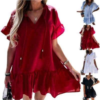 Rochie de damă la modă, cu temperament, culoare solidă, cu gât în V, cu mâneci scurte