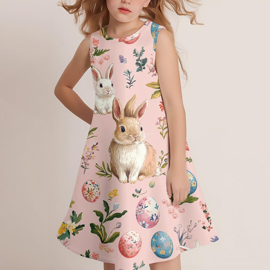 Dívčí módní ležérní šaty bez rukávů s kulatým výstřihem a velikonočním potiskem