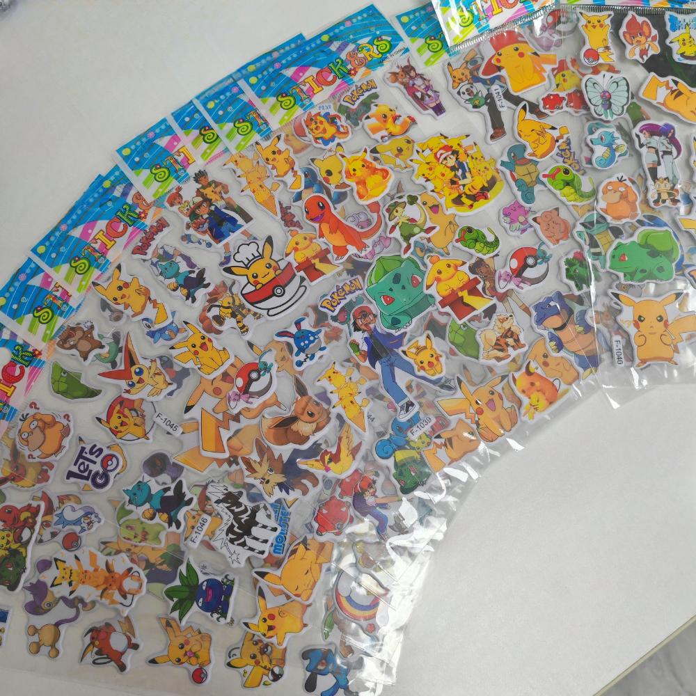 12Sheets Cute Anime Pokemon Stickers Kawaii 3D Pikachu Decals Kids Toys Cartoon Bubble Paste Thicken The Reward Sticker Gifts
