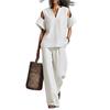Women Blue Cold Shoulder Two Piece Set V Neck Short Sleeve Top and Wide Leg Pants Summer Casual Tracksuit