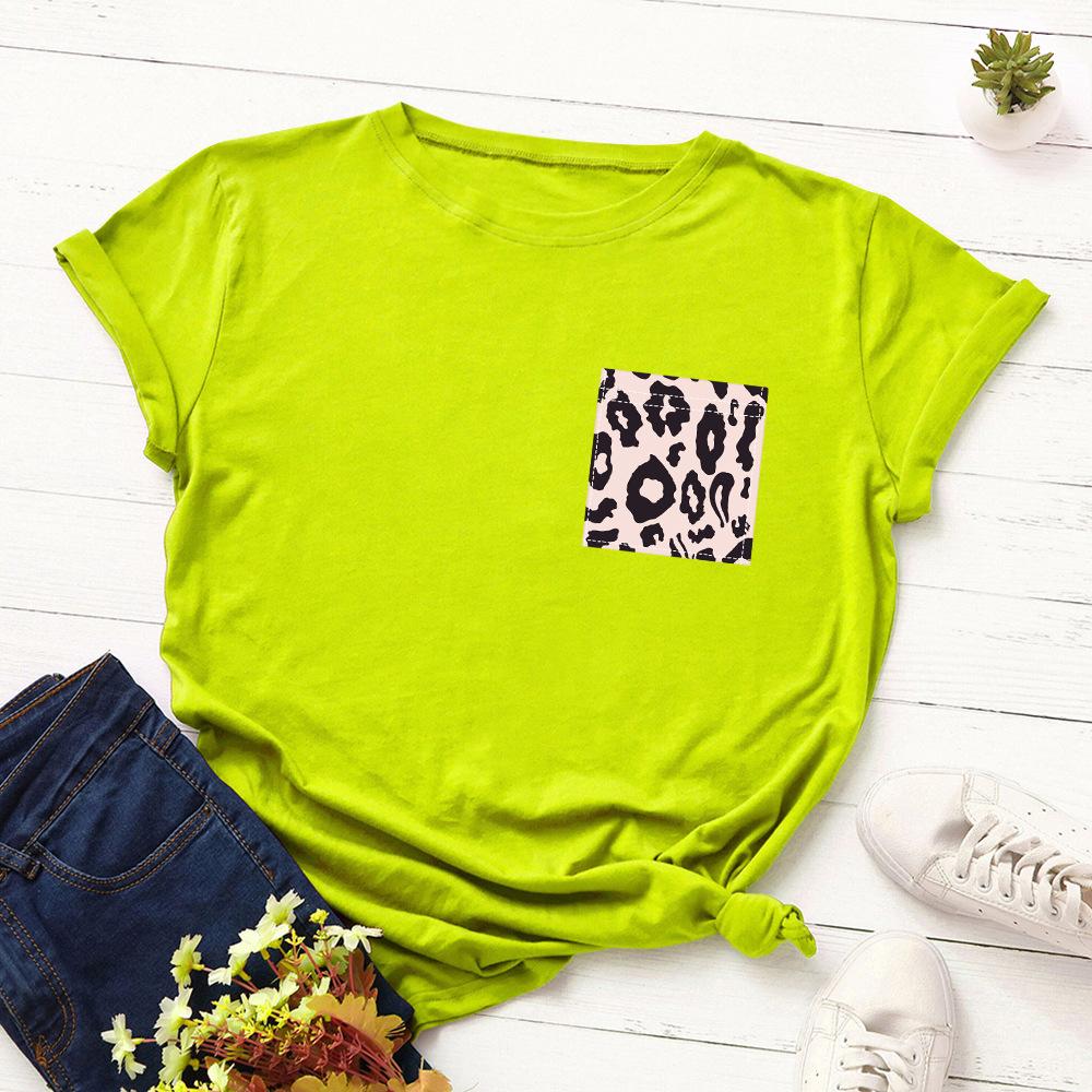 Creative Leopard Print Chest Flower Fake Pocket Cotton T-Shirt Short Sleeve Round Neck Women 2d Print Tops