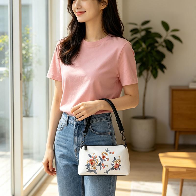Damen Vintage Blumen Stickerei PU Leder Umhängetasche Kleine Handtasche Schultertasche Verstellbarer Riemen Lässige Tägliche Reise Damen Handtaschen