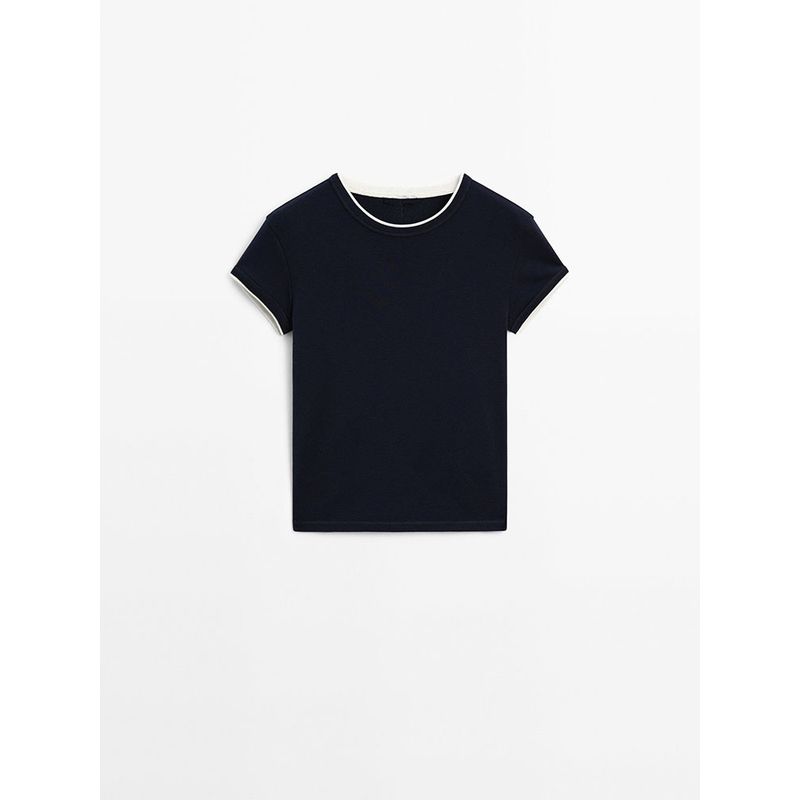 Za2025 Summer New Women clothes Versatile Patchwork Rib Short Version round Neck Short sleeve T-shirt 06234518 251