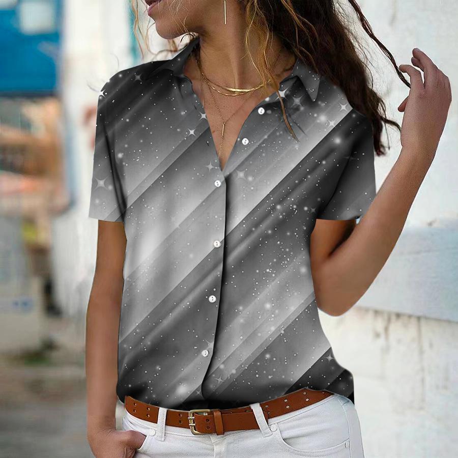 2025 Summer New Fashion Women's Abstract Printed Short Sleeve V-neck Casual Button-down Shirt Top