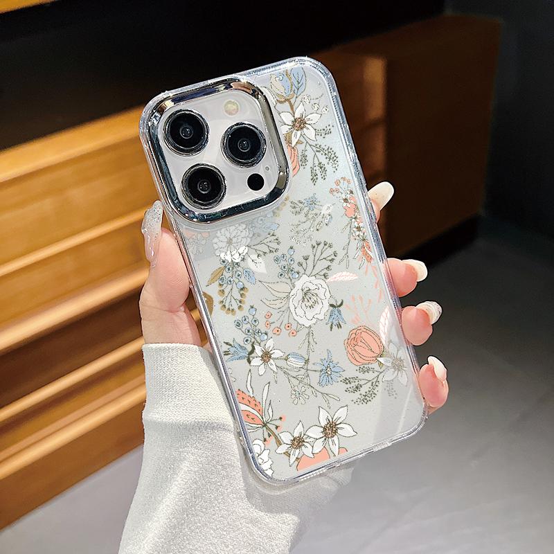 Plating Lens Frame Flowers Love Heart Phone Case For iPhone 16 15 14 13 12 Pro Max Plus 11 Clear TPU Shockproof Cover