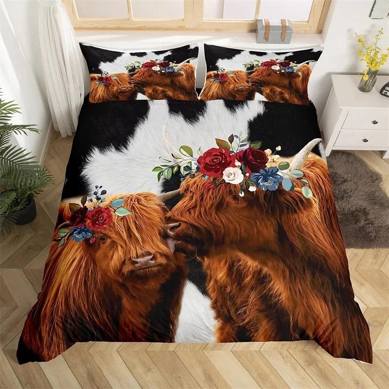 Highland Kuh Bettbezug King Mikrofaser Western Bauernhaus Tier Bettwäsche Set Leopard Kuhfell Fell Blumendruck Bettdeckenbezug