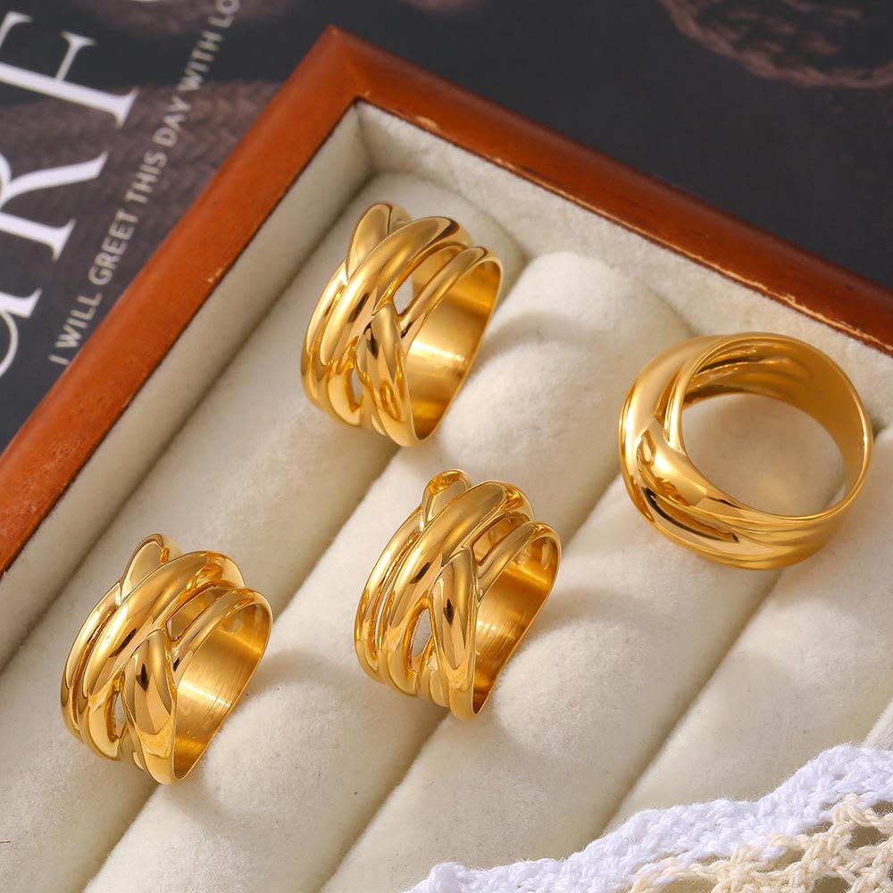 18k Gold Plated Geometric Multi-layer Titanium Steel Hollow Ring