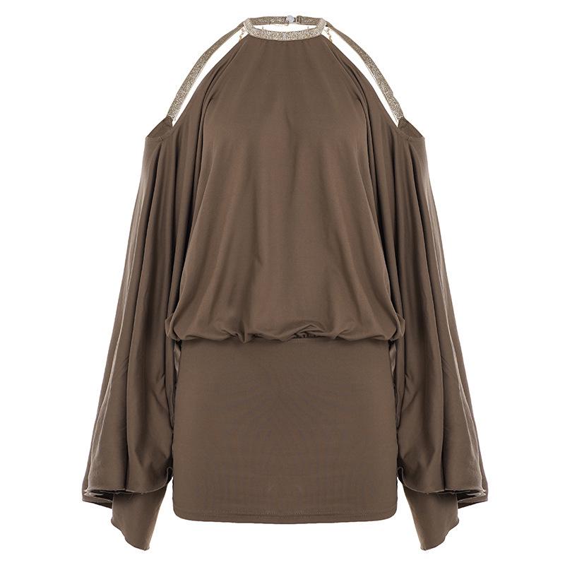 European-American Spicy Style Off-Shoulder Batwing Sleeve Halter Dress Medium