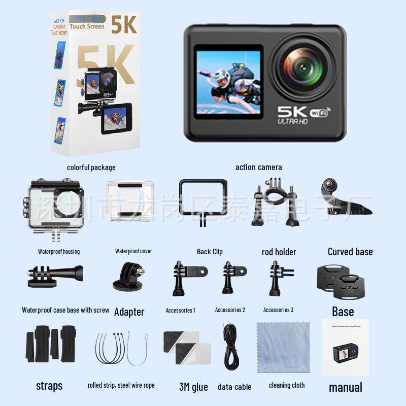 5K Dual-Screen Waterproof Sports Camera with Touchscreen, Cycling EIS Stabilization, and WiFi Sync