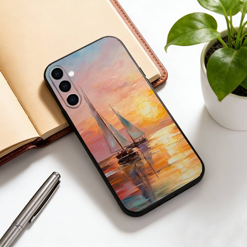 Ölgemälde Segelboot Handyhülle Für Samsung Galaxy A73,A72,A71,A70,A53,A52,A51,Weiche Silikon Schwarze Hülle