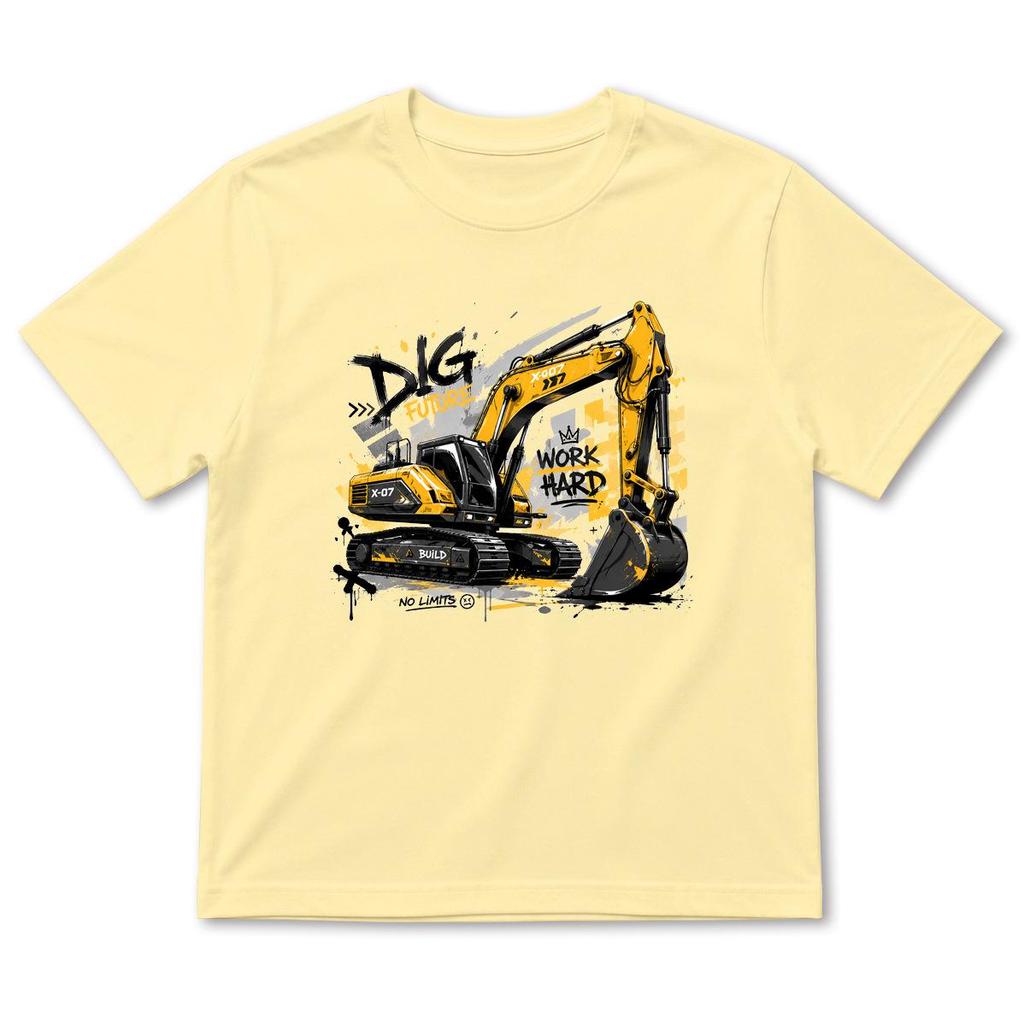 Summer Boys' Cartoon Excavator Cotton T-Shirt, Short Sleeve, Breathable Casual Layer