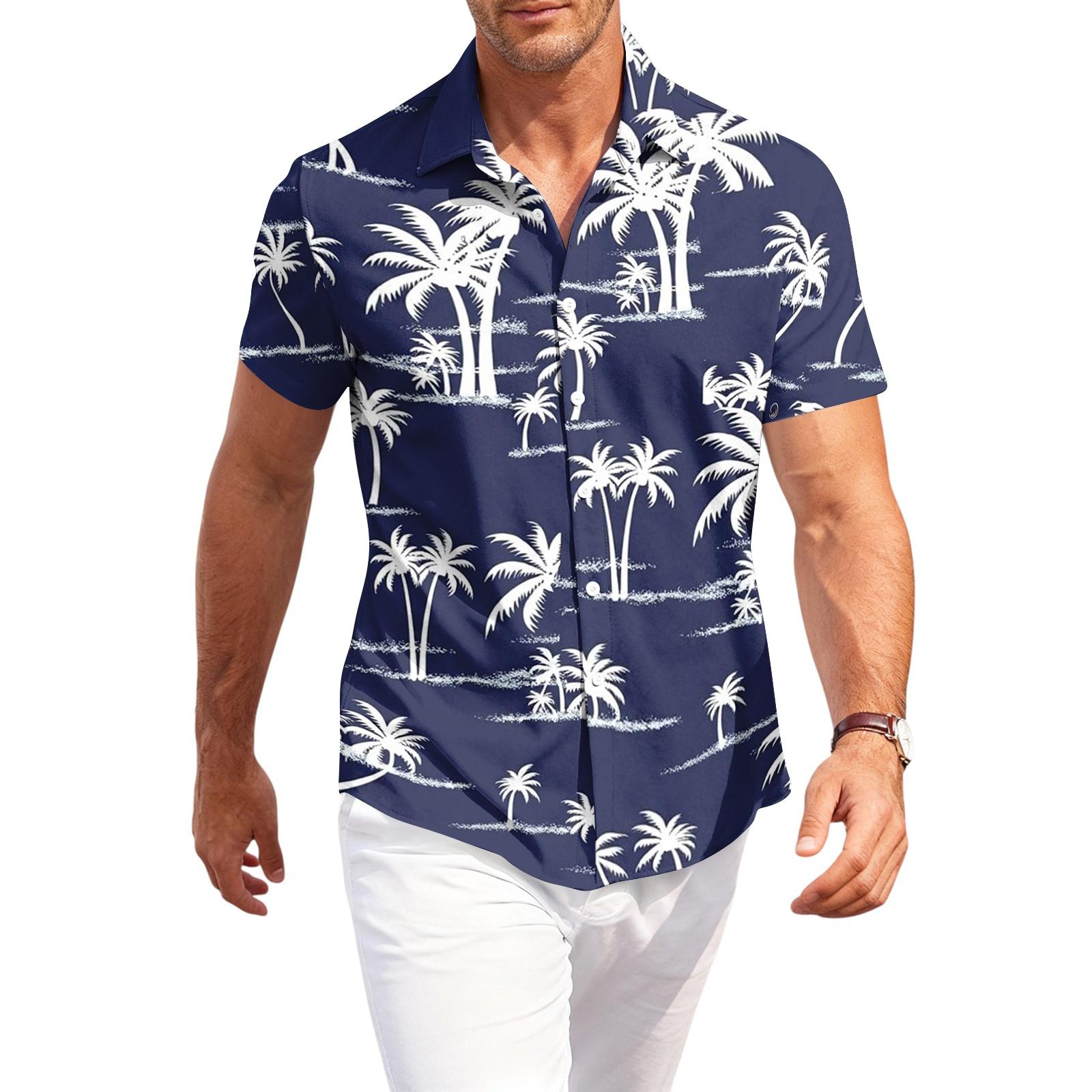 

Men s Casual Loose Fit Short Sleeve Hawaiian Shirt Button Down Beach Shirt with Tropical Print Summer Top L чёрный