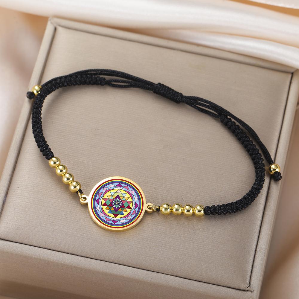 Dawapara Sri Yantra Bracelet Adjustable Braided Rope Sacred Geometry Mandala Chakra Spiritual Jewelry Stainless Steel