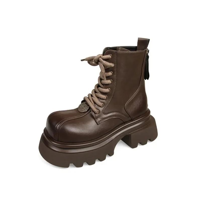 

Мода 2024 года, новые туфли, женские ботинки на шнуровке, женские зимние ботинки в римском стиле с круглым носком, короткие, на платформе, с толстым каблуком, на молнии, модные ботинки 40 коричневый