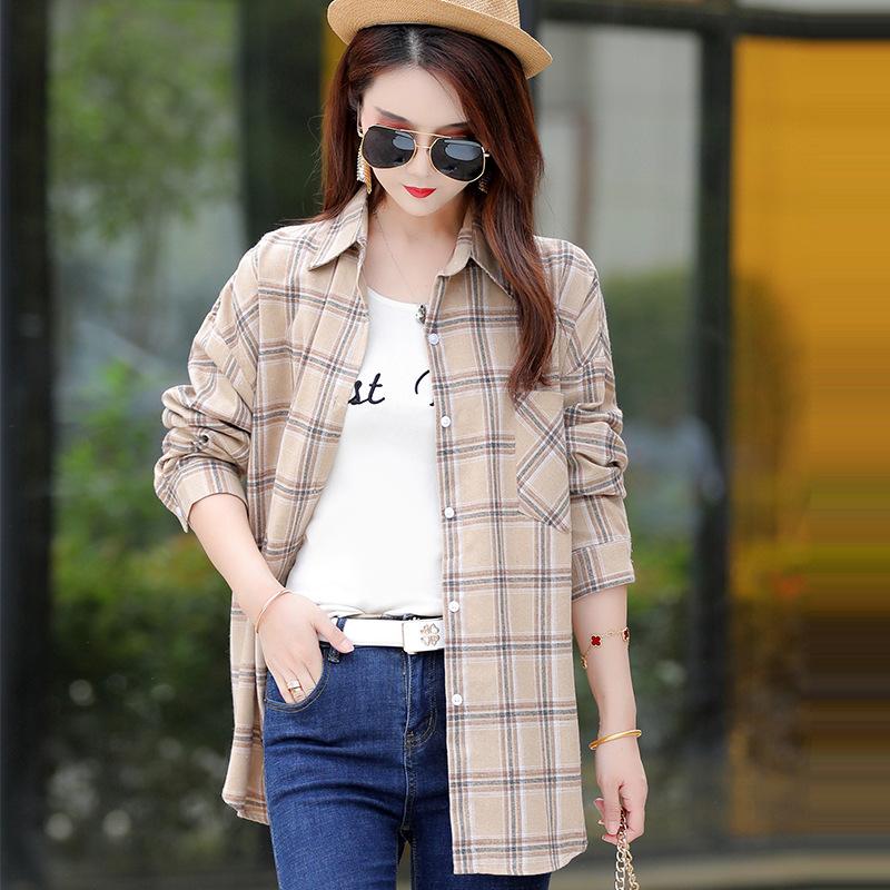 Women's Spot Medium and Long Plaid Shirt Spring and Autumn Korean Version Loose and Thin Versatile Women's Shirt Women's Wholesale Long Sleeves