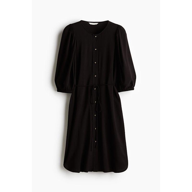 

HM Women s Clothing Dress 2025 Autumn New Arrival French Short Sleeve Popular Puff Sleeves round Neck Printed Dress 1278378 Black 155/76