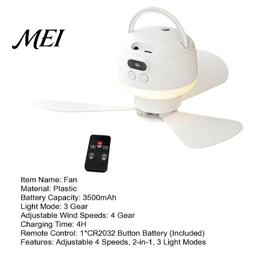 Schnelllade-Outdoor-Ventilator 2-in-1 Tragbarer Deckenventilator, Wiederaufladbares kabelloses Zelt mit LED-Licht, Fernbedienung, 4 Geschwindigkeiten, Geschenke für Camping