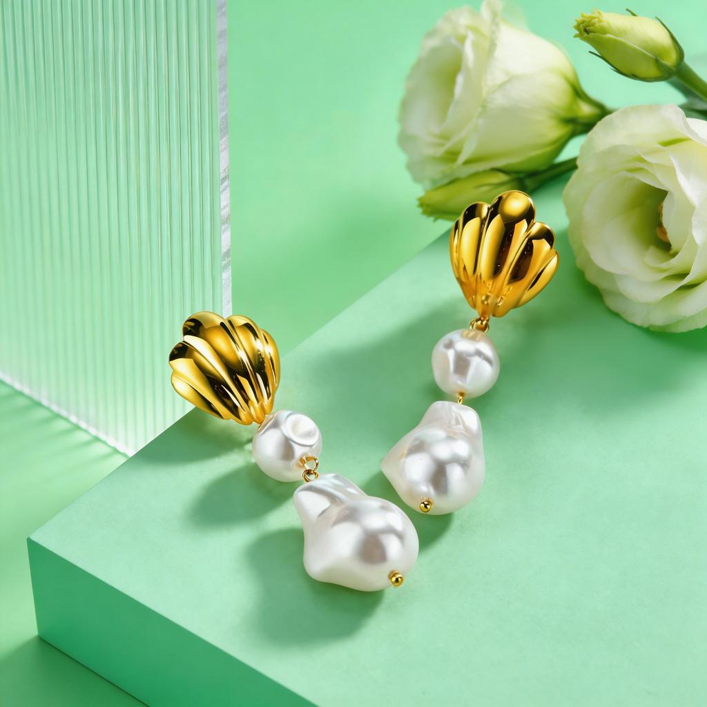 Irregular Shell Faux Pearl Earrings for Women Stainless Steel Textured Oval Imitation Pearl Earrings Charm Jewelry Gift
