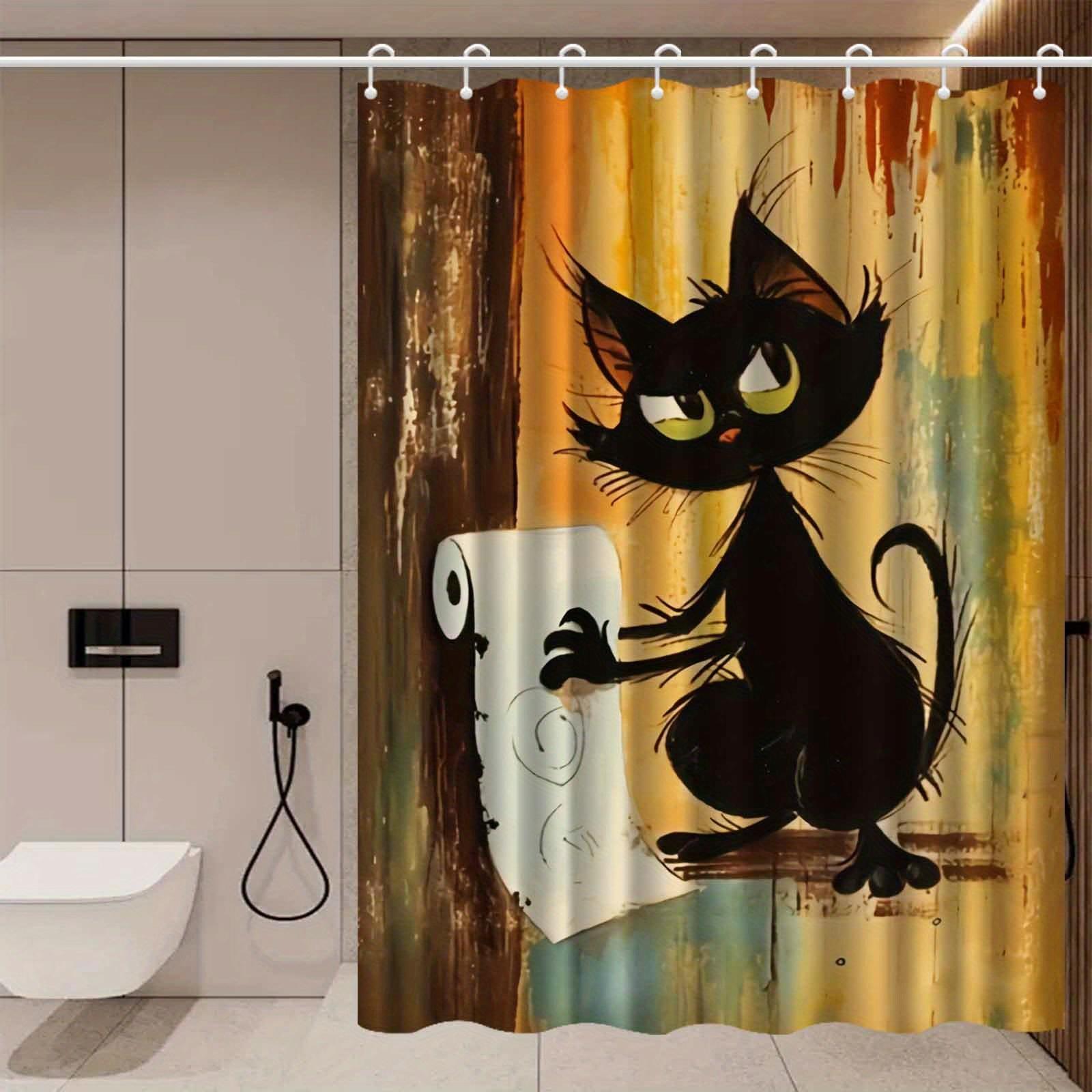 

Funny Black Cat Shower Curtain Cartoon Cat Holding Toilet Paper Humor Art Bathroom Decor Waterproof Fabric Bath Curtain Set Home 90x180CM