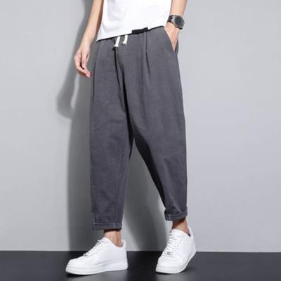 Men Ninth Pants Thin Side Pockets Elastic Waist Wide Japanese Style Drawstring Leg Solid Color Retro Gym Traning Jogging