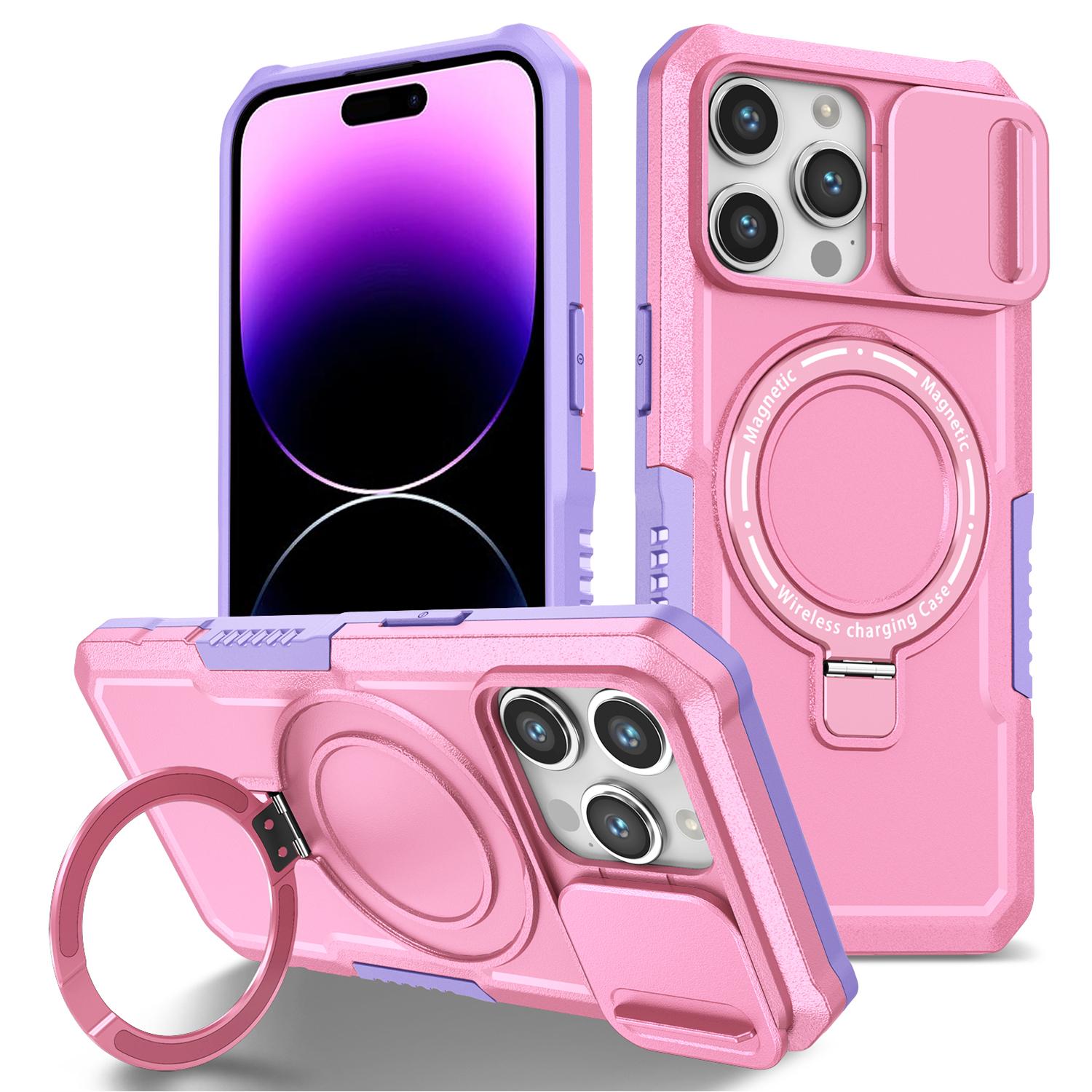 

Kickstand PC+TPU Case for iPhone 15 Pro Max Compatible with MagSafe Sliding Lens Cover Protective Phone Shell Purple/Pink