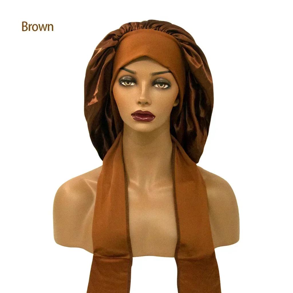 

Women Night Sleep Hair Caps Silky Bonnet Satin Double Layer Adjust Head Cover Hat For Curly Springy Hair Styling Accessories коричневый