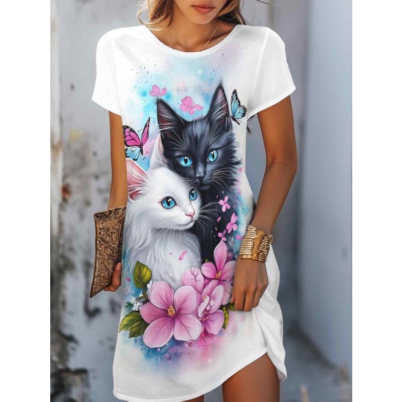 Summer Short Sleeved Dress Loose Casual Plus Size Dress Flower Print Dress Mini Skirt