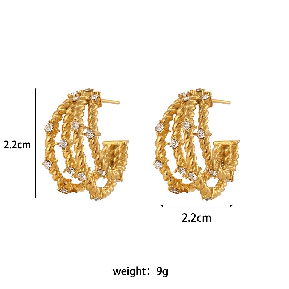 

ins мода личность мода темперамент серьги титан сталь позолоченный 18-каратное золото многослойные витые циркон серьги женщины