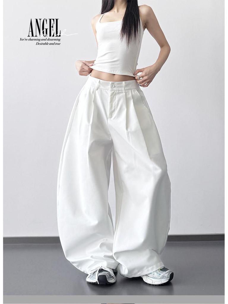 2026 Women's Spring High-Waisted Grey Wide-Leg Suit Pants - Loose, Slimming, Long, Drapey Casual Fit