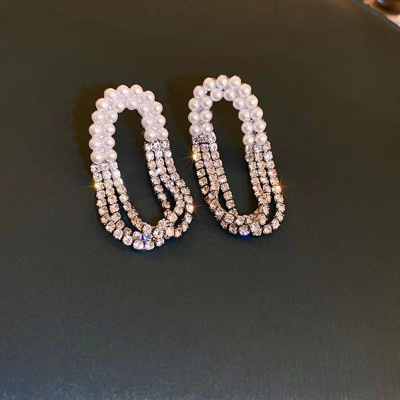 

Diamond-set pearl oval fringed earrings niche light luxury temperament versatile design stud earrings ear jewelry срібний