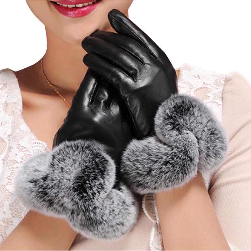 1 Paar Damenmode Plüsch Winter Warm PU Leder Handschuhe Fell Touchscreen Handschuhe