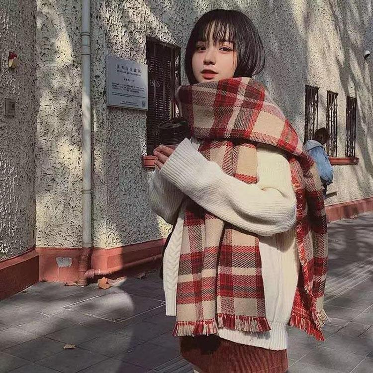 

Осенне-зимний женский мягкий теплый длинный клетчатый двусторонний шарф-шаль двойного назначения красный