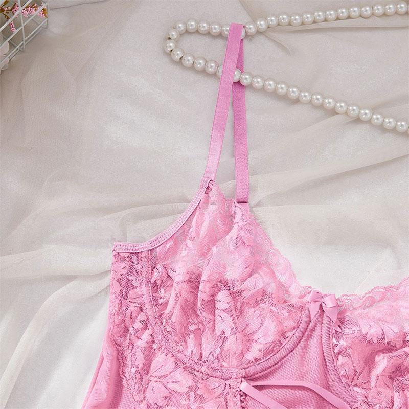 Garter Belt Bra Thong Set Pink Transparent Delicate Lingerie Night Dress Women's Porn Sexy Underwear With Leg Rings Panty Sets