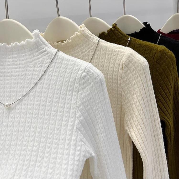 Half-high Collar Wooden Ear Knitted Shirt Autumn and Winter Pure Color Purlin Sweater Slimbase Inner Top