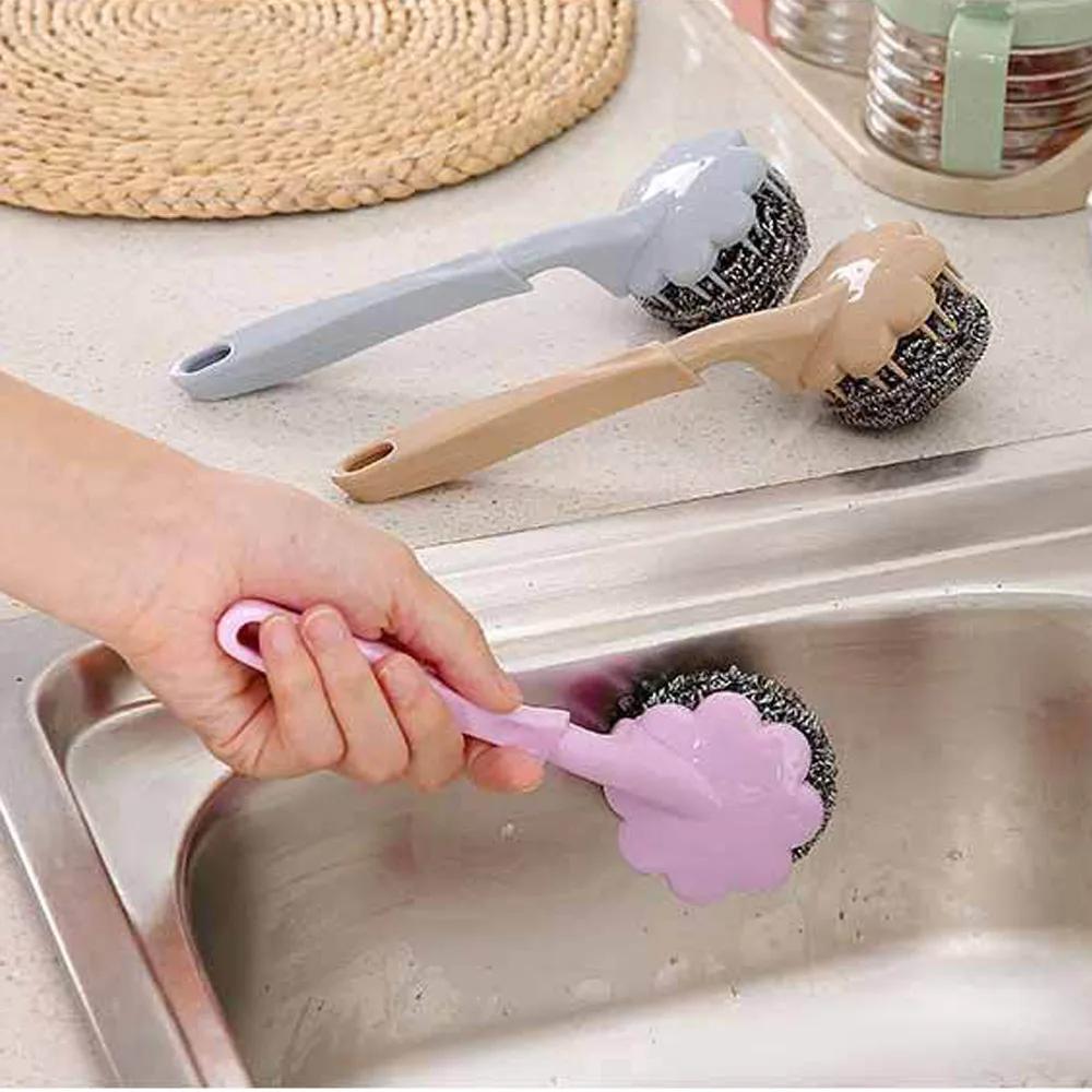Long Handle Pan Pot Brush Sink Dish Bowl Wire Ball Washing Brush Multifunctional Practical Stain Removal Kitchen Cleaning Tools